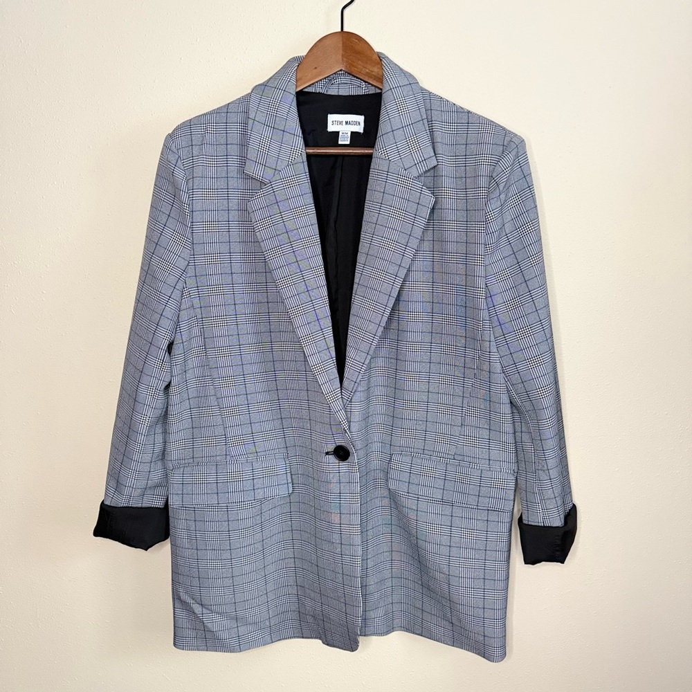 Steve Madden Plaid Boyfriend Blazer Women’s Medium Gray Blue Oversized